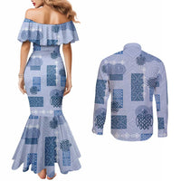 Vintage Lapita Couples Matching Mermaid Dress and Long Sleeve Button Shirt Iconic Double Face Pattern Blue