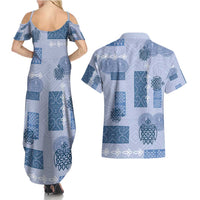 Vintage Lapita Couples Matching Summer Maxi Dress and Hawaiian Shirt Iconic Double Face Pattern Blue