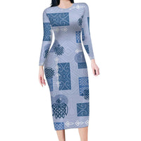 Vintage Lapita Family Matching Long Sleeve Bodycon Dress and Hawaiian Shirt Iconic Double Face Pattern Blue