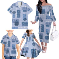 Vintage Lapita Family Matching Off The Shoulder Long Sleeve Dress and Hawaiian Shirt Iconic Double Face Pattern Blue