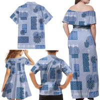 Vintage Lapita Family Matching Off Shoulder Maxi Dress and Hawaiian Shirt Iconic Double Face Pattern Blue