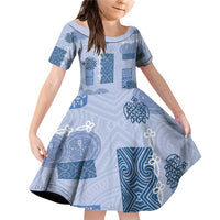 Vintage Lapita Family Matching Off Shoulder Short Dress and Hawaiian Shirt Iconic Double Face Pattern Blue