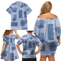 Vintage Lapita Family Matching Off Shoulder Short Dress and Hawaiian Shirt Iconic Double Face Pattern Blue