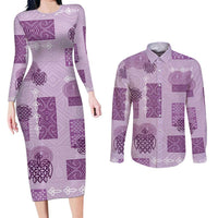 Vintage Lapita Couples Matching Long Sleeve Bodycon Dress and Long Sleeve Button Shirt Iconic Double Face Pattern Violet