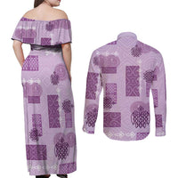 Vintage Lapita Couples Matching Off Shoulder Maxi Dress and Long Sleeve Button Shirt Iconic Double Face Pattern Violet LT05 - Polynesian Pride