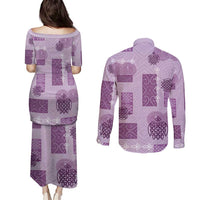 Vintage Lapita Couples Matching Puletasi and Long Sleeve Button Shirt Iconic Double Face Pattern Violet