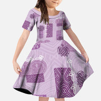 Vintage Lapita Family Matching Off The Shoulder Long Sleeve Dress and Hawaiian Shirt Iconic Double Face Pattern Violet