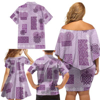 Vintage Lapita Family Matching Off Shoulder Short Dress and Hawaiian Shirt Iconic Double Face Pattern Violet