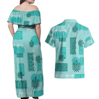 Vintage Lapita Couples Matching Off Shoulder Maxi Dress and Hawaiian Shirt Iconic Double Face Pattern Turquoise LT05