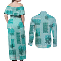 Vintage Lapita Couples Matching Off Shoulder Maxi Dress and Long Sleeve Button Shirt Iconic Double Face Pattern Turquoise LT05