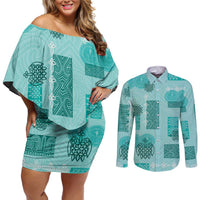 Vintage Lapita Couples Matching Off Shoulder Short Dress and Long Sleeve Button Shirt Iconic Double Face Pattern Turquoise LT05