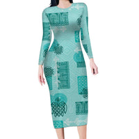 Vintage Lapita Family Matching Long Sleeve Bodycon Dress and Hawaiian Shirt Iconic Double Face Pattern Turquoise LT05