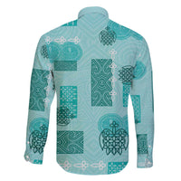 Vintage Lapita Family Matching Off The Shoulder Long Sleeve Dress and Hawaiian Shirt Iconic Double Face Pattern Turquoise LT05