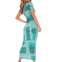 Vintage Lapita Family Matching Short Sleeve Bodycon Dress and Hawaiian Shirt Iconic Double Face Pattern Turquoise LT05