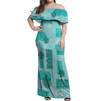 Vintage Lapita Off Shoulder Maxi Dress Iconic Double Face Pattern Turquoise LT05