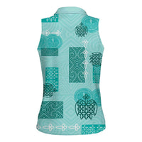 Vintage Lapita Women Sleeveless Polo Shirt Iconic Double Face Pattern Turquoise LT05 - Polynesian Pride