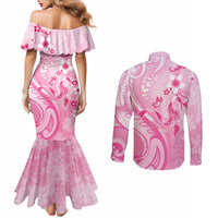 Personalised Memorial Pink Breast Cancer Awareness Couples Matching Mermaid Dress and Long Sleeve Button Shirt Plumeria Floral Tribal Pattern - Polynesian Pride