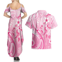 Personalised Memorial Pink Breast Cancer Awareness Couples Matching Summer Maxi Dress and Hawaiian Shirt Plumeria Floral Tribal Pattern LT05 - Polynesian Pride