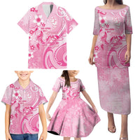 Personalised Memorial Pink Breast Cancer Awareness Family Matching Puletasi and Hawaiian Shirt Plumeria Floral Tribal Pattern - Polynesian Pride