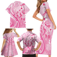 Personalised Memorial Pink Breast Cancer Awareness Family Matching Short Sleeve Bodycon Dress and Hawaiian Shirt Plumeria Floral Tribal Pattern LT05 - Polynesian Pride