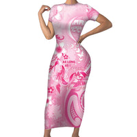 Personalised Memorial Pink Breast Cancer Awareness Family Matching Short Sleeve Bodycon Dress and Hawaiian Shirt Plumeria Floral Tribal Pattern LT05 Mom's Dress Pink - Polynesian Pride