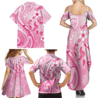 Personalised Memorial Pink Breast Cancer Awareness Family Matching Summer Maxi Dress and Hawaiian Shirt Plumeria Floral Tribal Pattern - Polynesian Pride