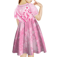 Personalised Memorial Pink Breast Cancer Awareness Kid Short Sleeve Dress Plumeria Floral Tribal Pattern - Polynesian Pride