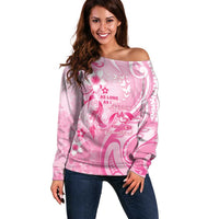 Personalised Memorial Pink Breast Cancer Awareness Off Shoulder Sweater Plumeria Floral Tribal Pattern LT05 Women Pink - Polynesian Pride