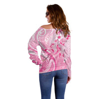Personalised Memorial Pink Breast Cancer Awareness Off Shoulder Sweater Plumeria Floral Tribal Pattern LT05 - Polynesian Pride