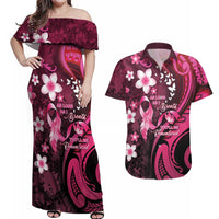 Personalised Memorial Breast Cancer Awareness Couples Matching Off Shoulder Maxi Dress and Hawaiian Shirt Plumeria Floral Tribal Pattern LT05 Black - Polynesian Pride