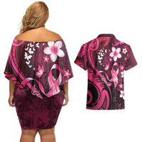 Personalised Memorial Breast Cancer Awareness Couples Matching Off Shoulder Short Dress and Hawaiian Shirt Plumeria Floral Tribal Pattern - Polynesian Pride