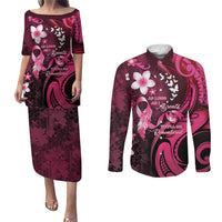 Personalised Memorial Breast Cancer Awareness Couples Matching Puletasi and Long Sleeve Button Shirt Plumeria Floral Tribal Pattern - Polynesian Pride