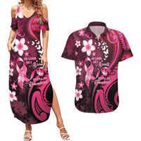 Personalised Memorial Breast Cancer Awareness Couples Matching Summer Maxi Dress and Hawaiian Shirt Plumeria Floral Tribal Pattern LT05 Black - Polynesian Pride
