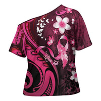 Personalised Memorial Breast Cancer Awareness Cross Shoulder Shirt Plumeria Floral Tribal Pattern - Polynesian Pride