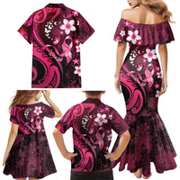 Personalised Memorial Breast Cancer Awareness Family Matching Mermaid Dress and Hawaiian Shirt Plumeria Floral Tribal Pattern - Polynesian Pride
