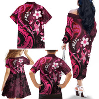 Personalised Memorial Breast Cancer Awareness Family Matching Off The Shoulder Long Sleeve Dress and Hawaiian Shirt Plumeria Floral Tribal Pattern - Polynesian Pride
