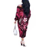 Personalised Memorial Breast Cancer Awareness Off The Shoulder Long Sleeve Dress Plumeria Floral Tribal Pattern - Polynesian Pride