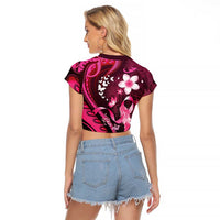 Personalised Memorial Breast Cancer Awareness Raglan Cropped T Shirt Plumeria Floral Tribal Pattern - Polynesian Pride
