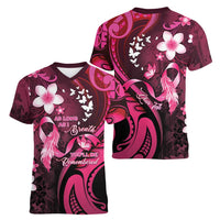 Personalised Memorial Breast Cancer Awareness Women V-Neck T-Shirt Plumeria Floral Tribal Pattern - Polynesian Pride