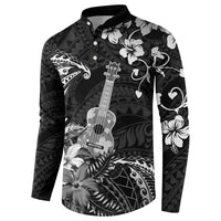Hawaii Ukulele Button Sweatshirt Polynesian Pattern Mix Hibiscus Black Version LT05