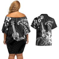 Hawaii Ukulele Couples Matching Off Shoulder Short Dress and Hawaiian Shirt Polynesian Pattern Mix Hibiscus Black Version LT05