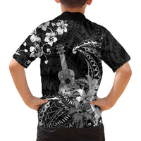 Hawaii Ukulele Family Matching Off The Shoulder Long Sleeve Dress and Hawaiian Shirt Polynesian Pattern Mix Hibiscus Black Version LT05