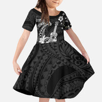 Hawaii Ukulele Family Matching Off The Shoulder Long Sleeve Dress and Hawaiian Shirt Polynesian Pattern Mix Hibiscus Black Version LT05