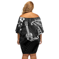 Hawaii Ukulele Family Matching Off Shoulder Short Dress and Hawaiian Shirt Polynesian Pattern Mix Hibiscus Black Version LT05
