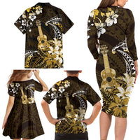 Hawaii Ukulele Family Matching Long Sleeve Bodycon Dress and Hawaiian Shirt Polynesian Pattern Mix Hibiscus Gold Version LT05