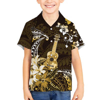 Hawaii Ukulele Family Matching Off Shoulder Short Dress and Hawaiian Shirt Polynesian Pattern Mix Hibiscus Gold Version LT05