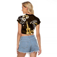 Hawaii Ukulele Raglan Cropped T Shirt Polynesian Pattern Mix Hibiscus Gold Version LT05