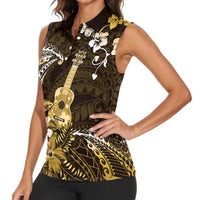 Hawaii Ukulele Women Sleeveless Polo Shirt Polynesian Pattern Mix Hibiscus Gold Version LT05