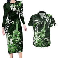 Hawaii Ukulele Couples Matching Long Sleeve Bodycon Dress and Hawaiian Shirt Polynesian Pattern Mix Hibiscus Green Version LT05