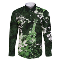 Hawaii Ukulele Family Matching Off The Shoulder Long Sleeve Dress and Hawaiian Shirt Polynesian Pattern Mix Hibiscus Green Version LT05